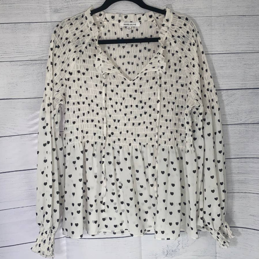 Rose + Olive Women’s Balloon Sleeve Peplum Blouse Size XL Hearts